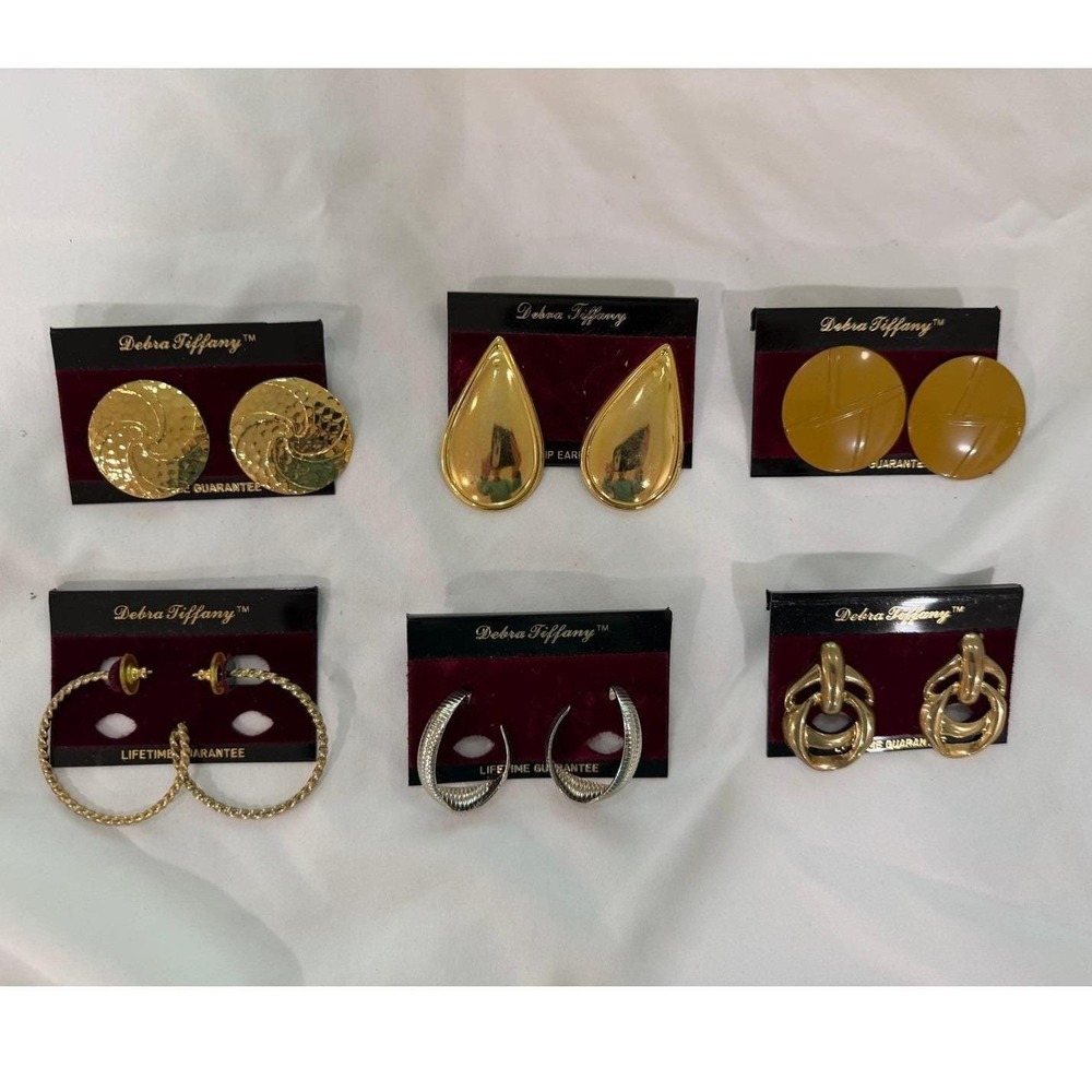 Vintage 1980s Debra Tiffany Earrings Lot of 6 Gold Tone Statement NOS